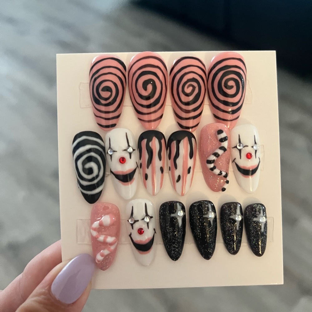 Press-On Nail Set — Pink & Black Swirl and Clown Designs